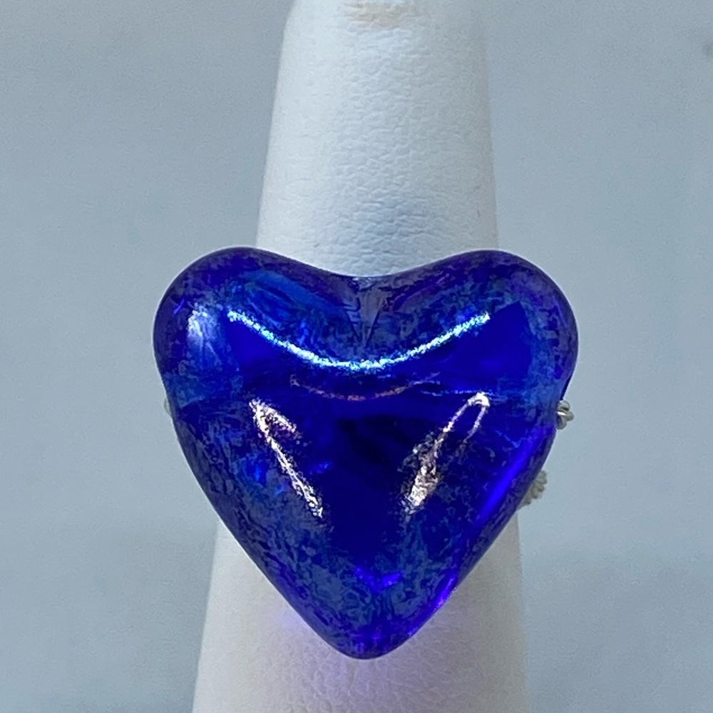 Handmade Blue Heart on Twisted Silver Tone Ring - Picture 1 of 15